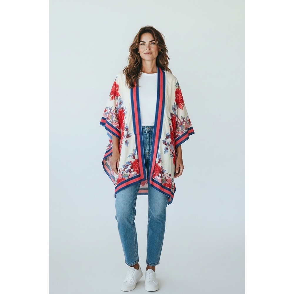 Flying Tomato Womens Floral Kimono Wrap Red‎ Blue Striped Trim Rayon S/M